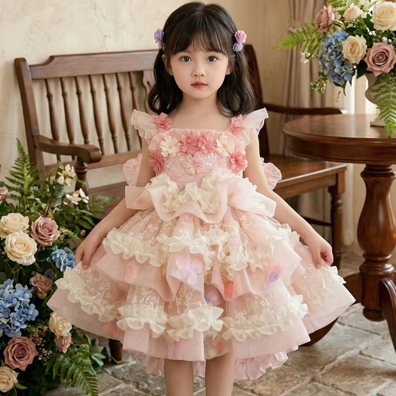 Original Girl Lolita Princess Dress Children's Pink Flower Birthday Wedding Party Dress High-end Custom Girls' Boutique Dress