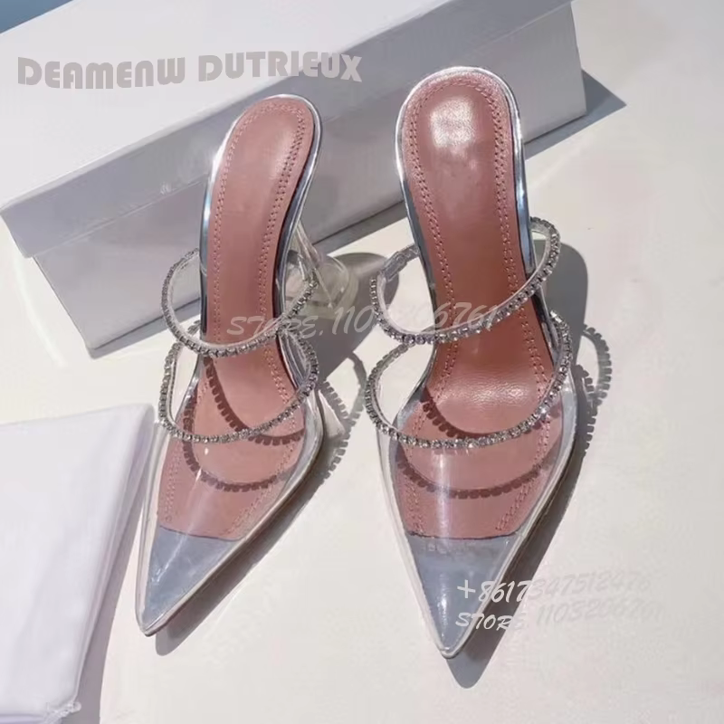 Pointed Toe Pvc Silver Crystal String Slippers Women Wine Glass Heel Luxury Jewelry Girl Dress Sandals Summer White Wedding Shoe