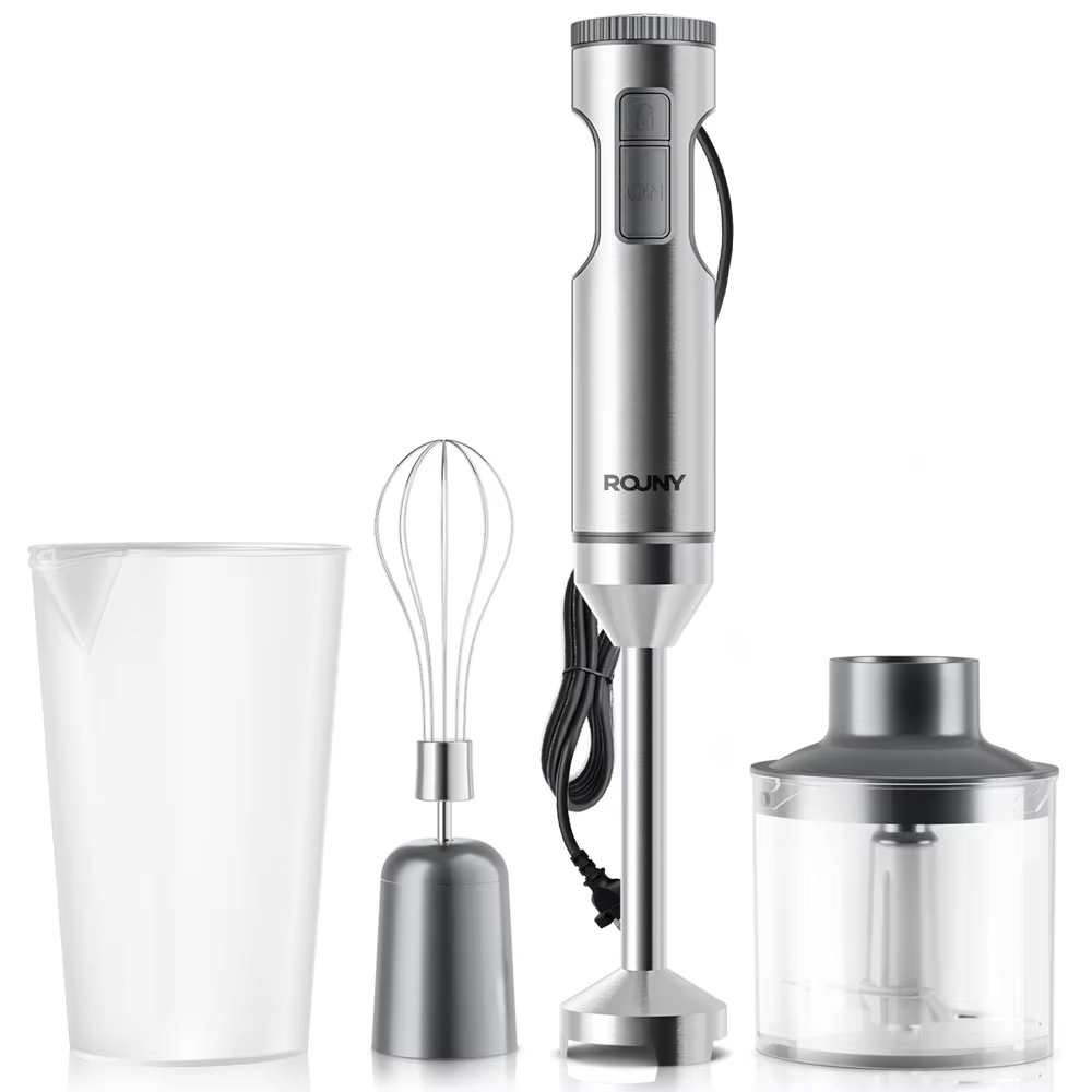 ROUNY 4-in-1 Hand Immersion Blender 1000W Powerful, Stainless Steel Stick Food Mixer,700ml Mixing Beaker,500ml Processor, Whisk