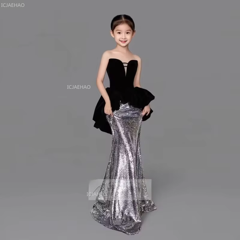 Kids Black Mermaid Tail Party Dress Birthday Pageant  Model Show Evening Formal Clothes Gown for Piano Children Performance Host