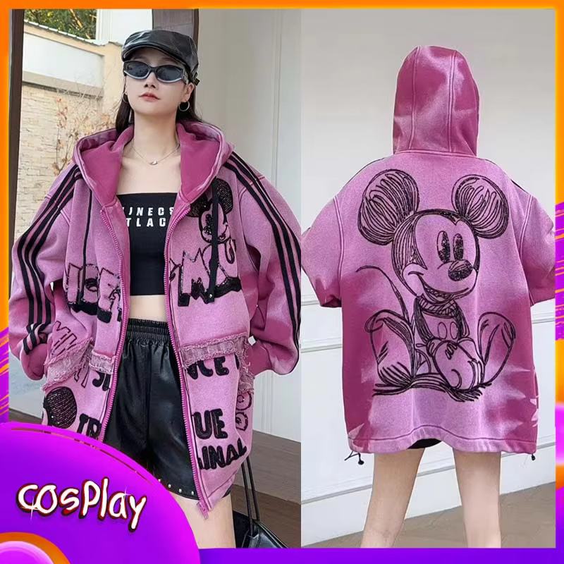 Disney Mickey Jacket Anime Cartoon Casual Women'S Hooded Sweatshirt Fashion Trendy Coat Loose Top Long Sleeves Clothes Gift