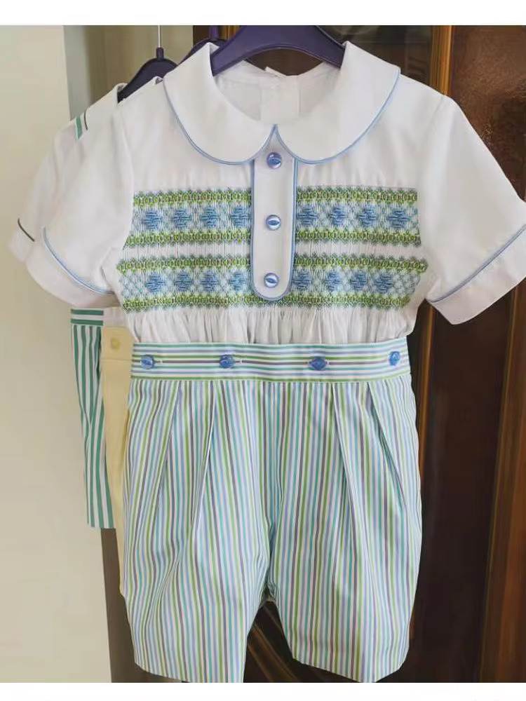 0-6Y Boy Summer Blue Smocked Outfit Suit for Party Birthday Phtography A85