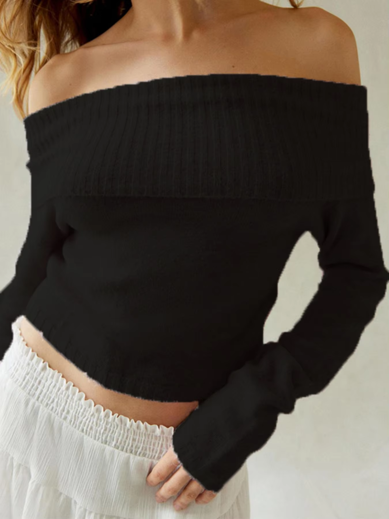 Women's Black Off-Shoulder Rib Knit Top Long Sleeve Slim Fit Casual Sweater Cropped Length