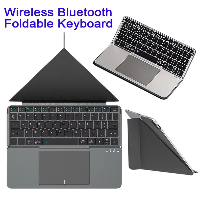 Multi-functional Wireless Bluetooth 5.0 Folding Keyboard for Tablet/Phone/PC Detachable Leather Stand Touch Portable Keyboard