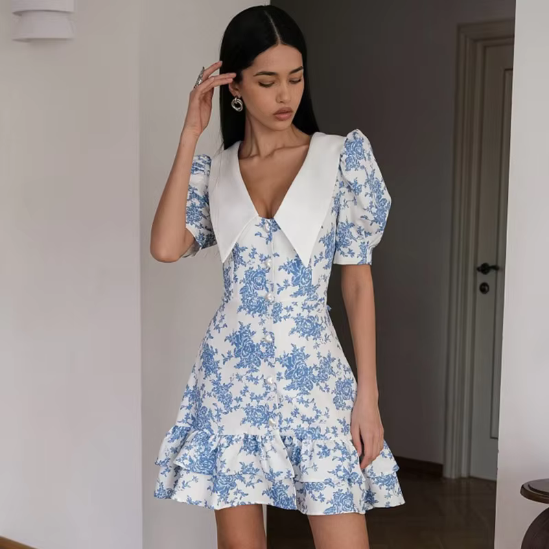 Vestido Mini Elegante con Volantes Talenza para Mujer, Vestido Nuevo de Verano con Mangas Abullonadas y Solapa en Contraste, Vestido Casual para Fiesta