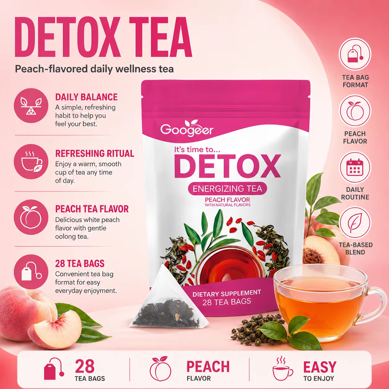 Googeer Peach Oolong Herbal Blend Pyramid Bags 28 CT, White Peach Flavor, Daily Wellness & Refreshing Energy Support Formula