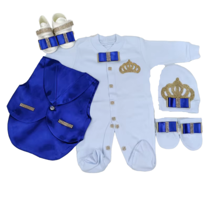 Luxury Gentleman Prince Baby Romper 0-9 Months 5Pcs Light Sky Blue Royal Blue Satin Vest Bow Rhinestone Crown Boutique Gift