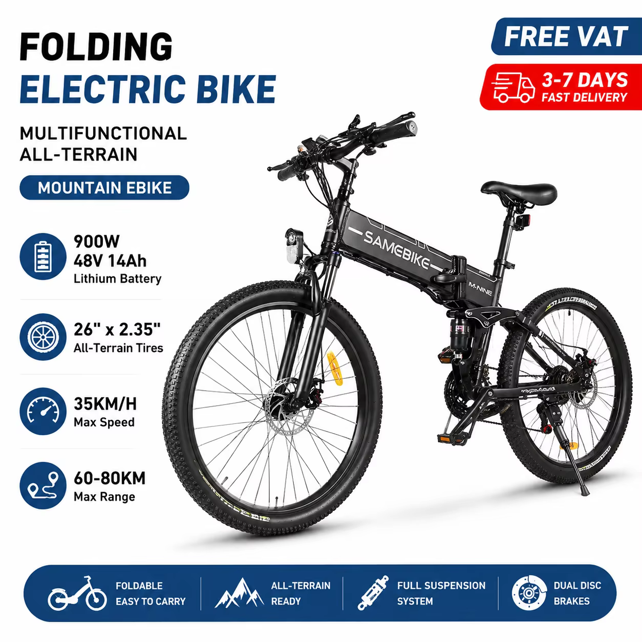 SAMEBIKE LO26-II 900W 48V14Ah Lithium Battery 26*2.35 Tire Folding Electric Bicycle E-bike Electric Bike 35km/h 60-80KM Range