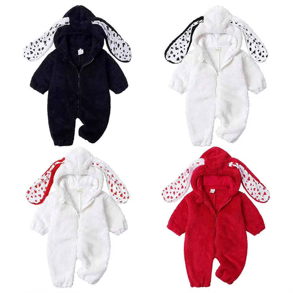 Unisex Cute Bunny Ears Hooded Zipper Fluffy Rompers Autumn Winter New Year Xmas Bodysuits Baby Birthday Party Sweet Jumpsuit