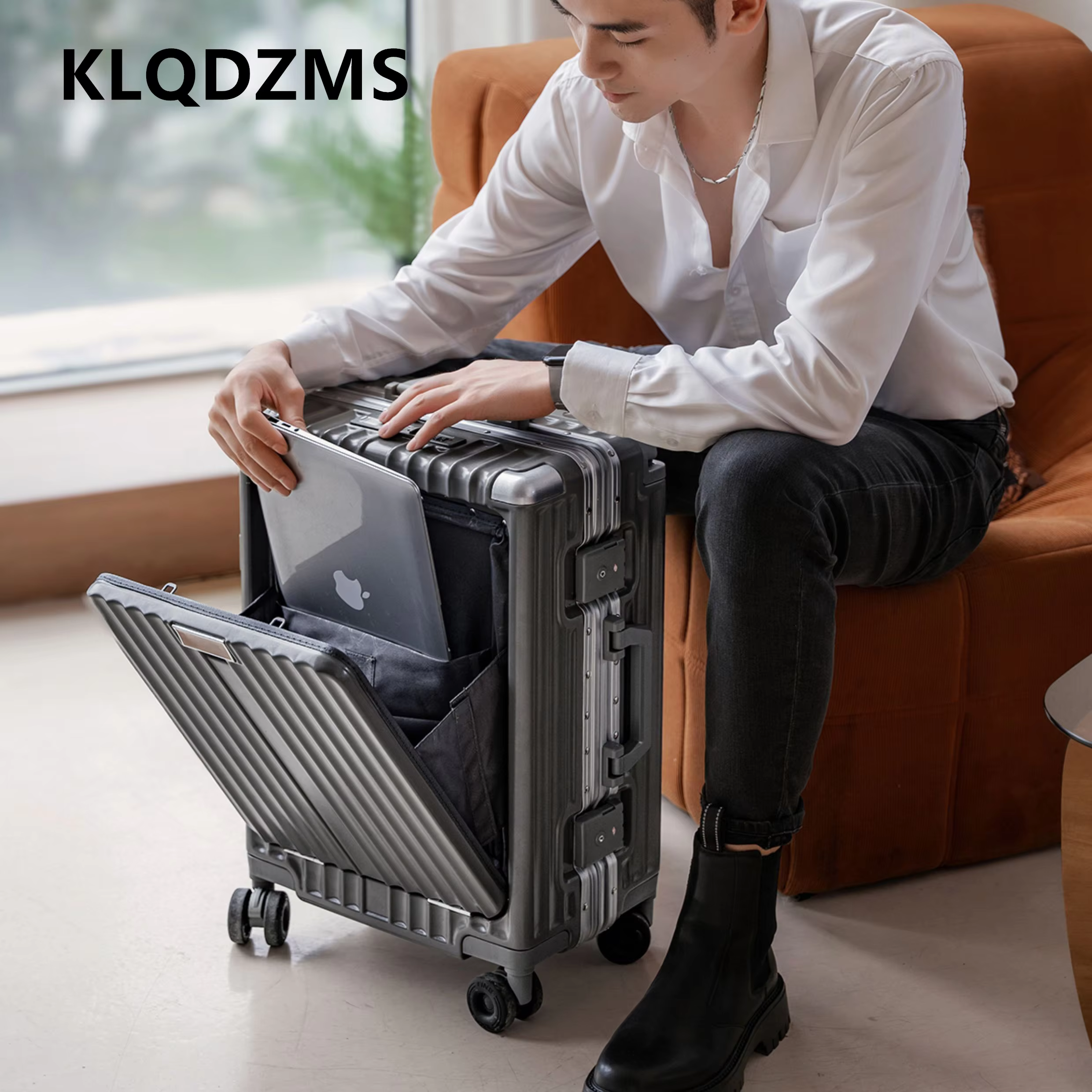 KLQDZMS المقصورة حقيبة الكمبيوتر الصعود 20 "24 بوصة الألومنيوم الإطار حقيبة تروللي بعجلات الجبهة افتتاح الكمبيوتر المحمول رجال الأعمال الأمتعة