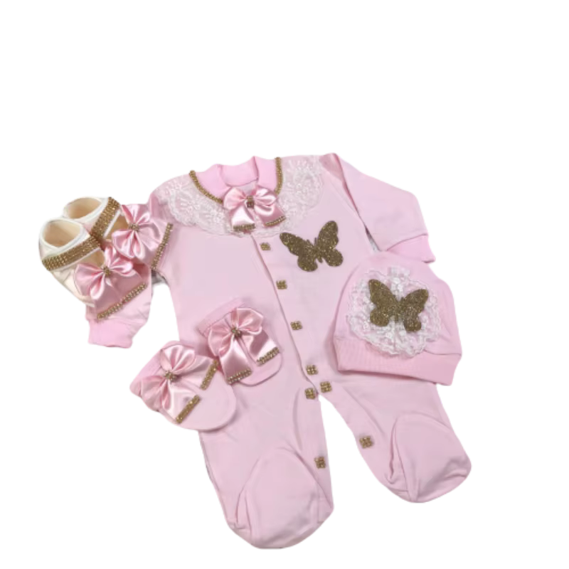 Luxury Baby Princess Romper 0-9 Months 4Pcs Baby Pink Gold Satin Bow Crystal Butterfly Lace Collar Footed Jumpsuit Boutique Gift