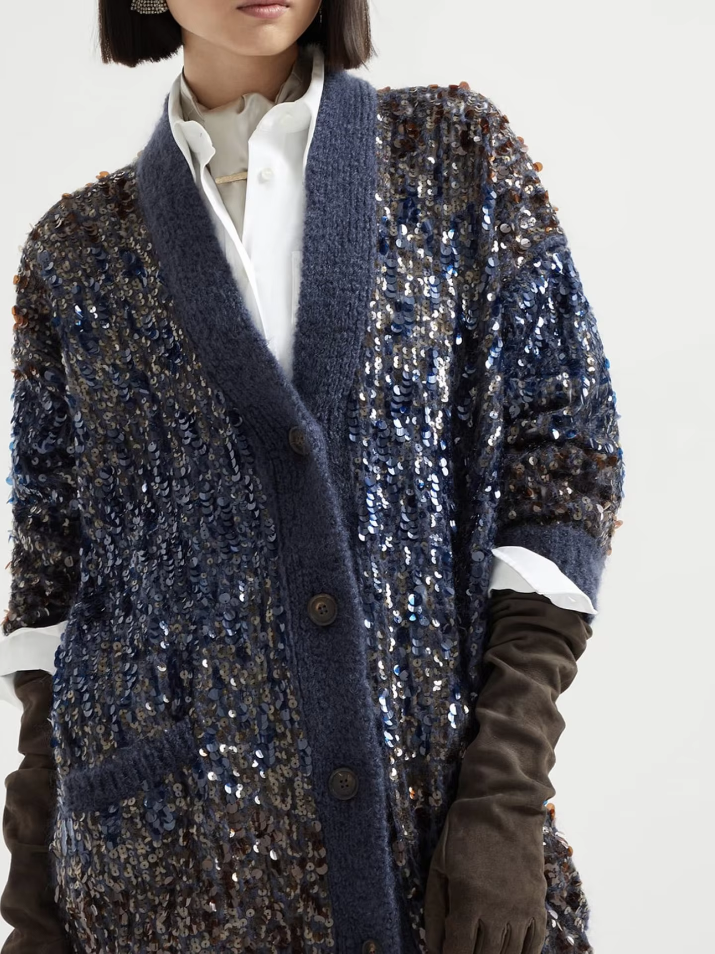 2025 Autumn/Winter New High-Quality Heavy-Duty Mohair Gradient Sequin Round Neck Cardigan for Women