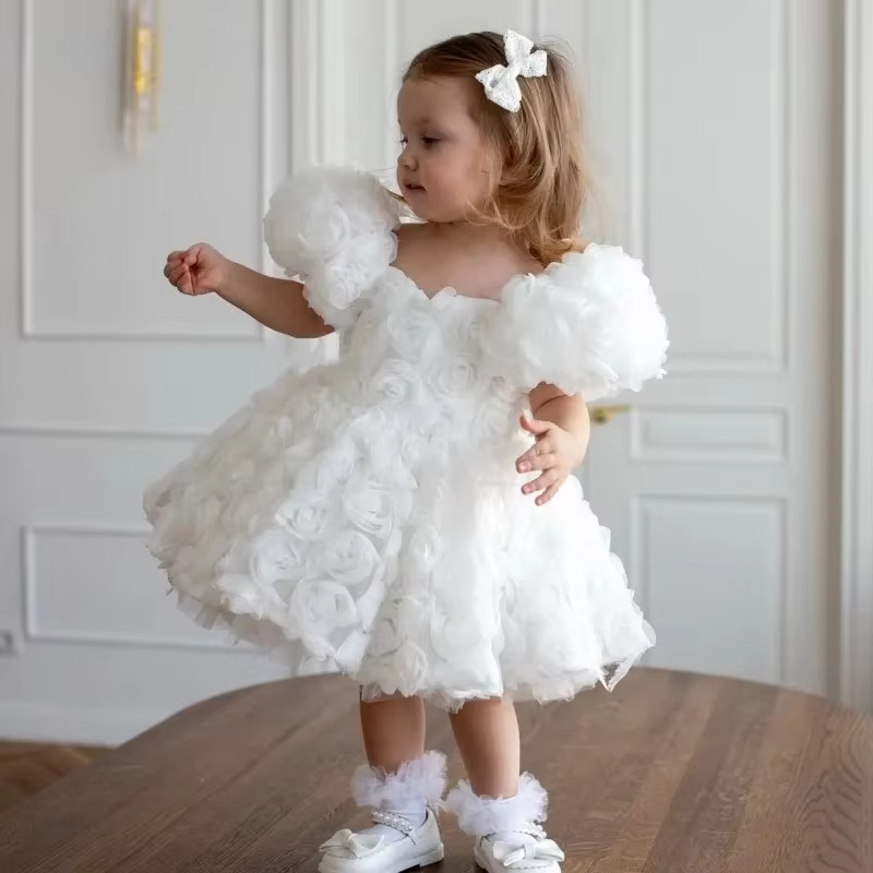 Baby Girl Princess 3D Flower Dress Puff Sleeve Infant Toddler Child Tutu Vestido Wedding Birthday Pageant Baby Clothes 1-12Y