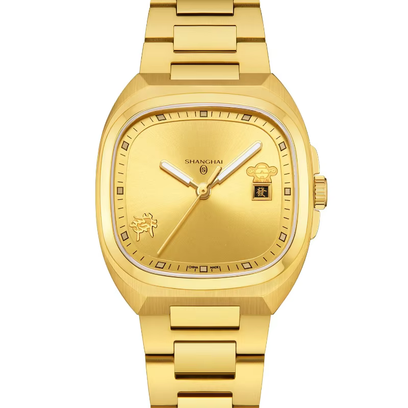Shanghai Watch Variety  Square Series Immediate Wealth Limited Edition 24k Gold Single Calendar Luminous Men's Mechanical Watch