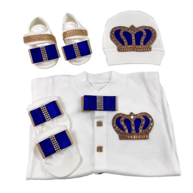 Newborn Baby Footed Romper 0-9 Months 4Pcs Off White Royal Blue Gold Rhinestone Crown Bow Long Sleeve Jumpsuit Prince Royal