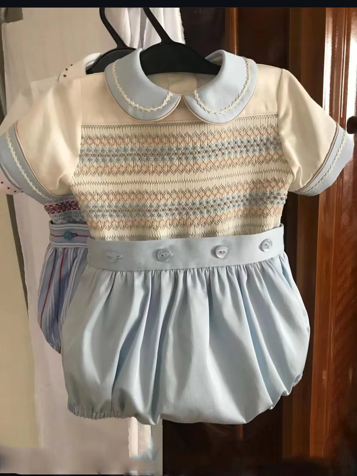 0-6Y Baby Boy Summer Light Blue Handmade Embroidery Smocked Outfit Suit for Birthday Holiday Casual A100
