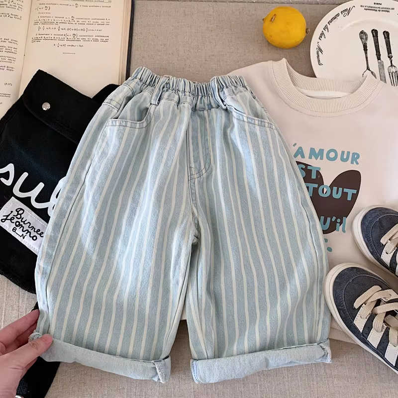 2026 New Stlye Girls Boys Striped Denim Pants Spring Cotton High Quality Fashion Kids Jean Pants 1-7t A191
