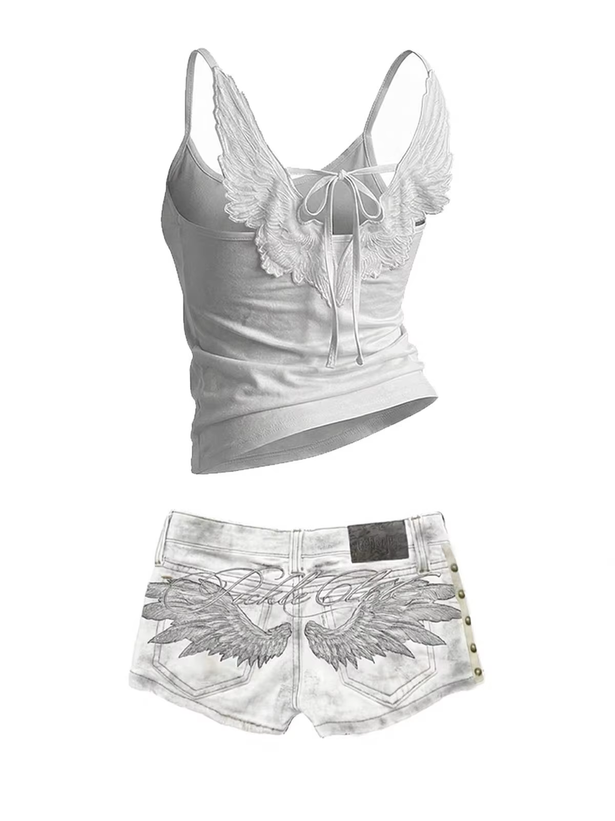 Y2K Hot Girl Angel Wings Embroidered Vest Denim Shorts Suit Retro Sexy Super Shorts Subculture Punk Rivet Design Low Waist Pants