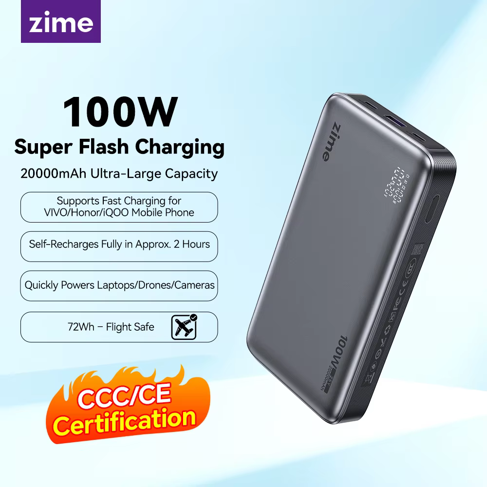 zime 100W PowerBank 20000mAh PD Fast Charging High-wattage Portable Charger For Laptops And Phones With External Battery