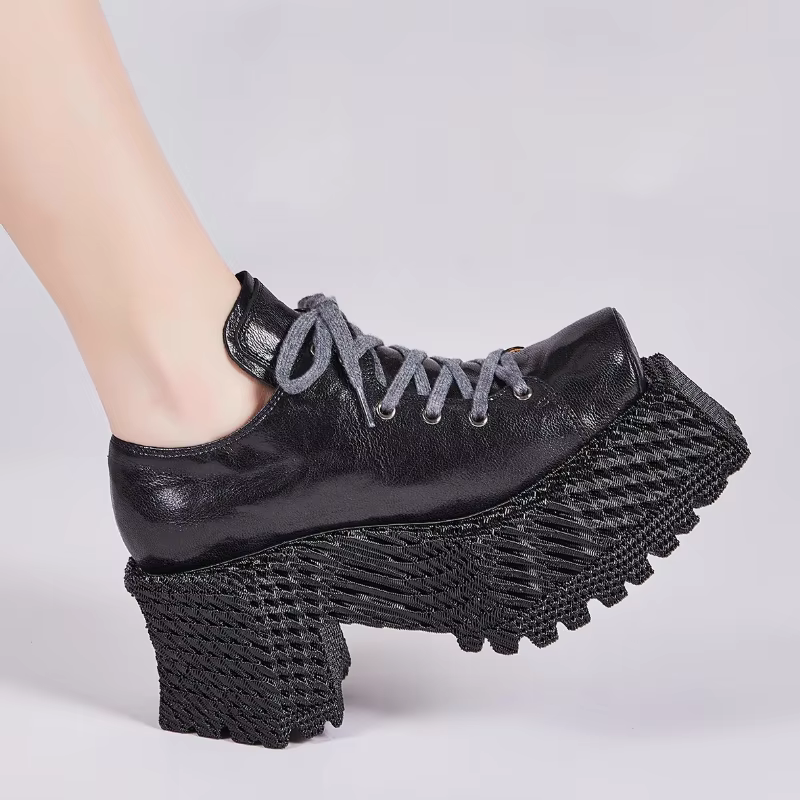 Genuine Leather Square Toe Shoes Women's Korean Original Design Thick Soled Height Increasing Shoes Pig Nose Ugly and Cute Shoes