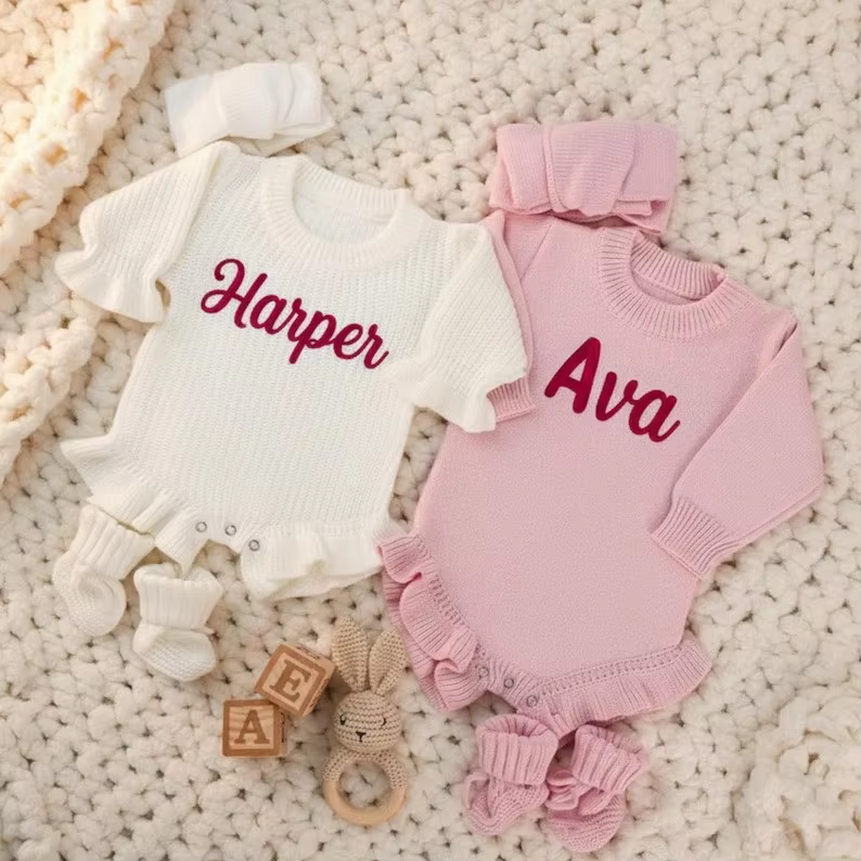 Custom Embroidered Baby Onesie, Knit Romper, Newborn Hospital Coming Home Outfit, Gender Neutral 100% Cotton First Birthday Gift