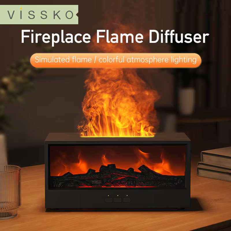 VISSKO Creative Fireplace Air Humidifier Waterless Auto-Off Aroma Essential Oil Diffuser with LED Light Remote Control for Gift
