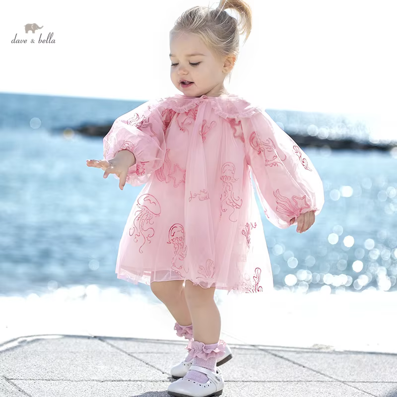 Dave Bella Princess Dress for Girls Children Baby 2024 New Spring Noble Charm Sweet Lovely Mesh Cartoon Fashion Party DB1248128