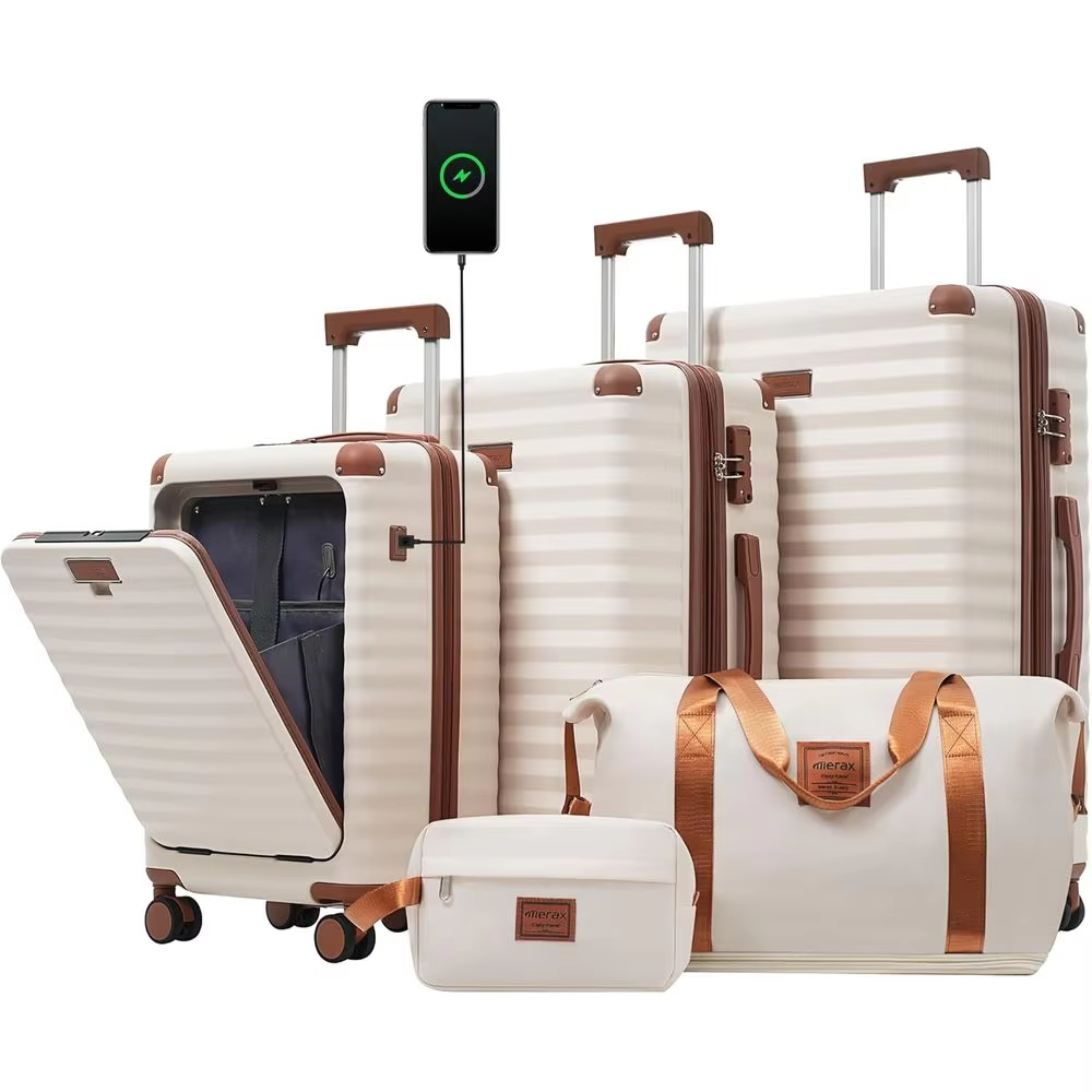 3-Piece Hardshell Luggage Set with Spinner Wheels, USB Port, and Cup Holder, Lightweight Carry-On, 20+24+28, White and Brown