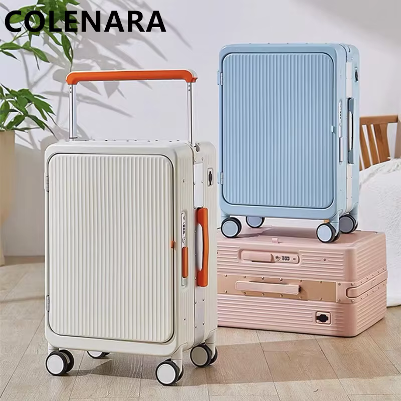 COLENARA 20 Inch USB Charging Luggage Aluminum Frame Boarding Case 25 Inch Front Opening Laptop Women's Trolley Travel Suitcase