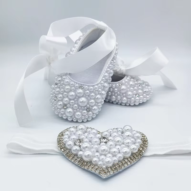 Dollbling Shoes with Love Heart Design Headband For Girls Newborn Gift Happy New Years Baptism Shoes