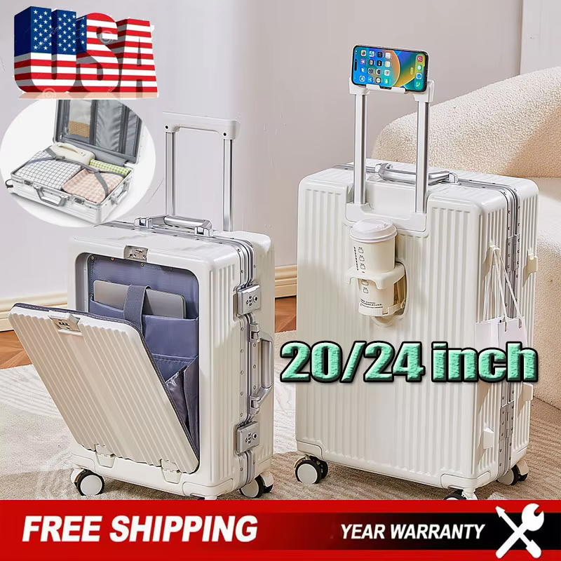 White 20/24 Inch Front Open Luggage with USB Cup Holder Large Boarding Box Suitcase Multifunctional Aluminum Frame Trolley Case
