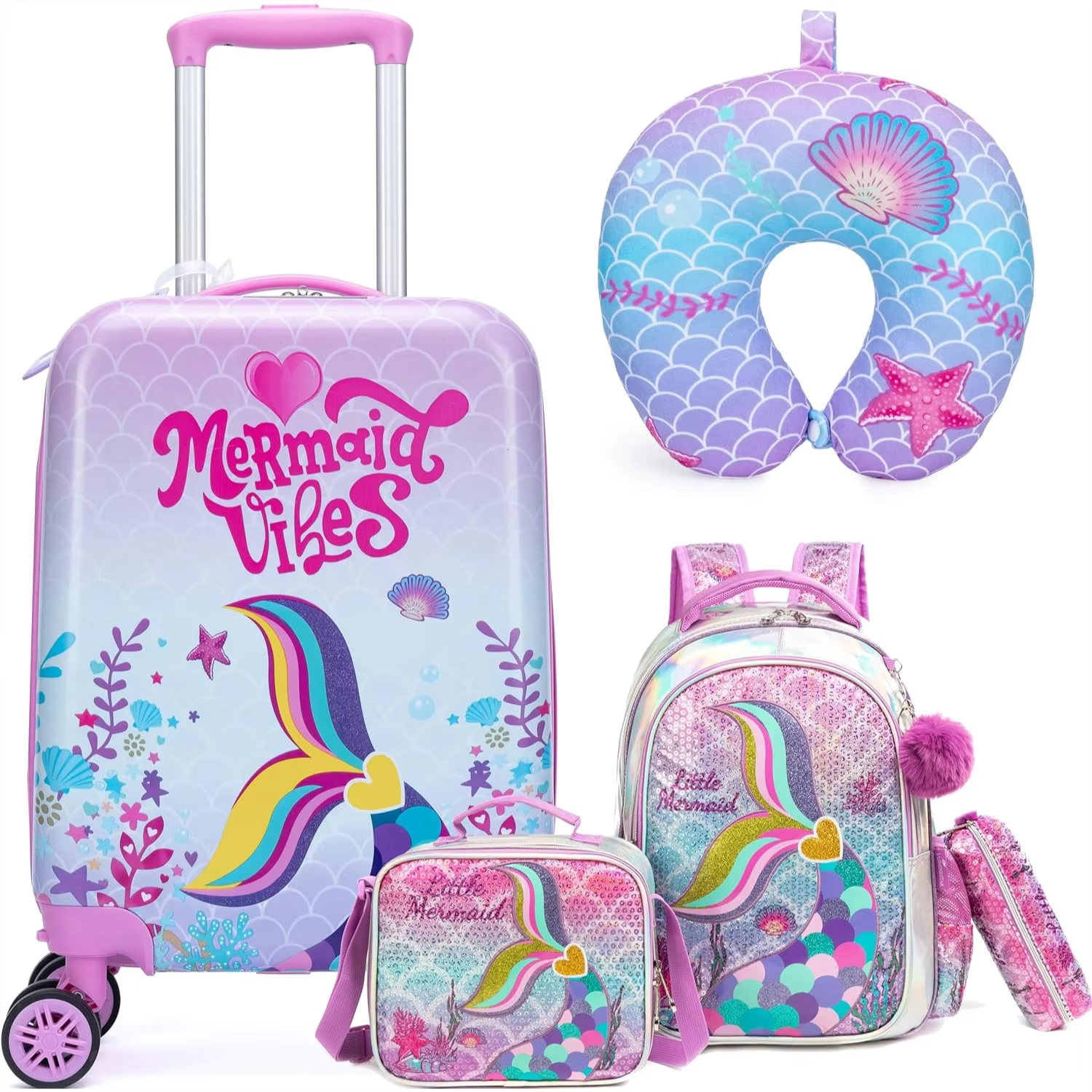 Kids Luggage Set 5 Piece with Spinner Wheels, 16 Inch Hardside Carry On Suitcase for Girls Boys Toddler Travel, Airline Approved