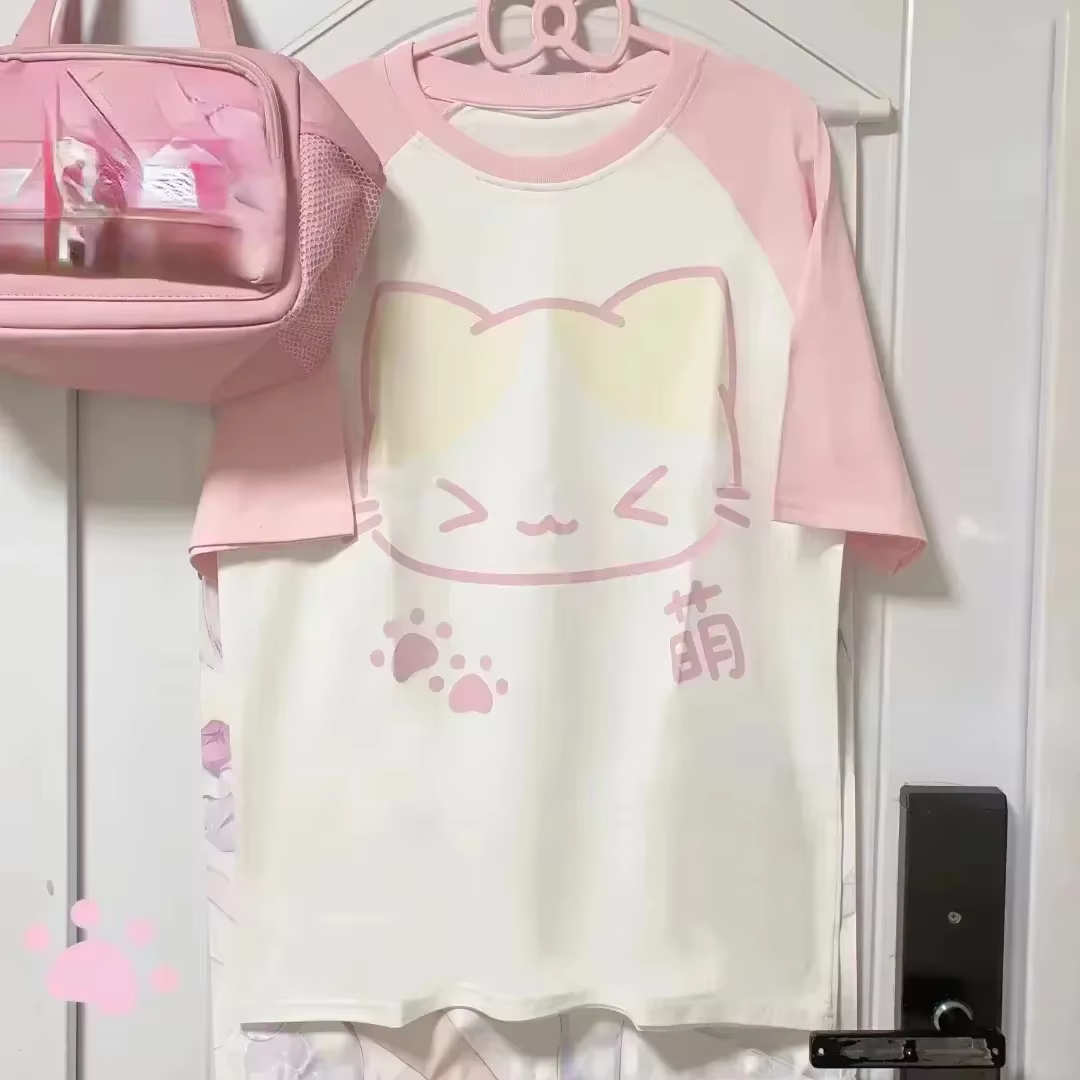 Japanese Cute Cartoon Style Y2k Aesthetics Harajuku Anime Cartoon Cat Print Ladies Kawaii Short Sleeve T-shirt Streetwear