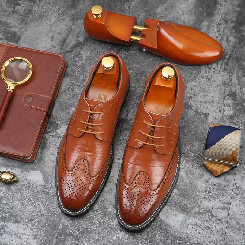 Brown Brogue Dress Shoes Genuine Leather Lace Up Formal Oxfords For Wedding Business Office Comfortable Fashion Footwear Leisure