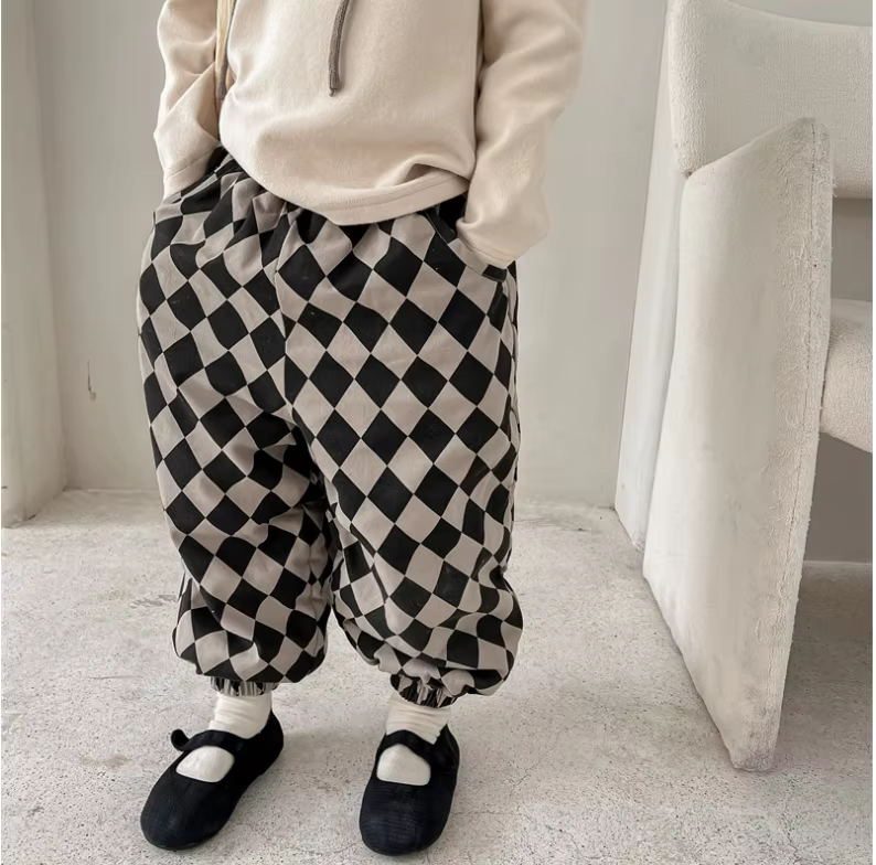 2025 New Stlye Girls Boys Plaid Thicken  Pants Winter Good Quality Fashion Kids  Trousers 1-7t A156