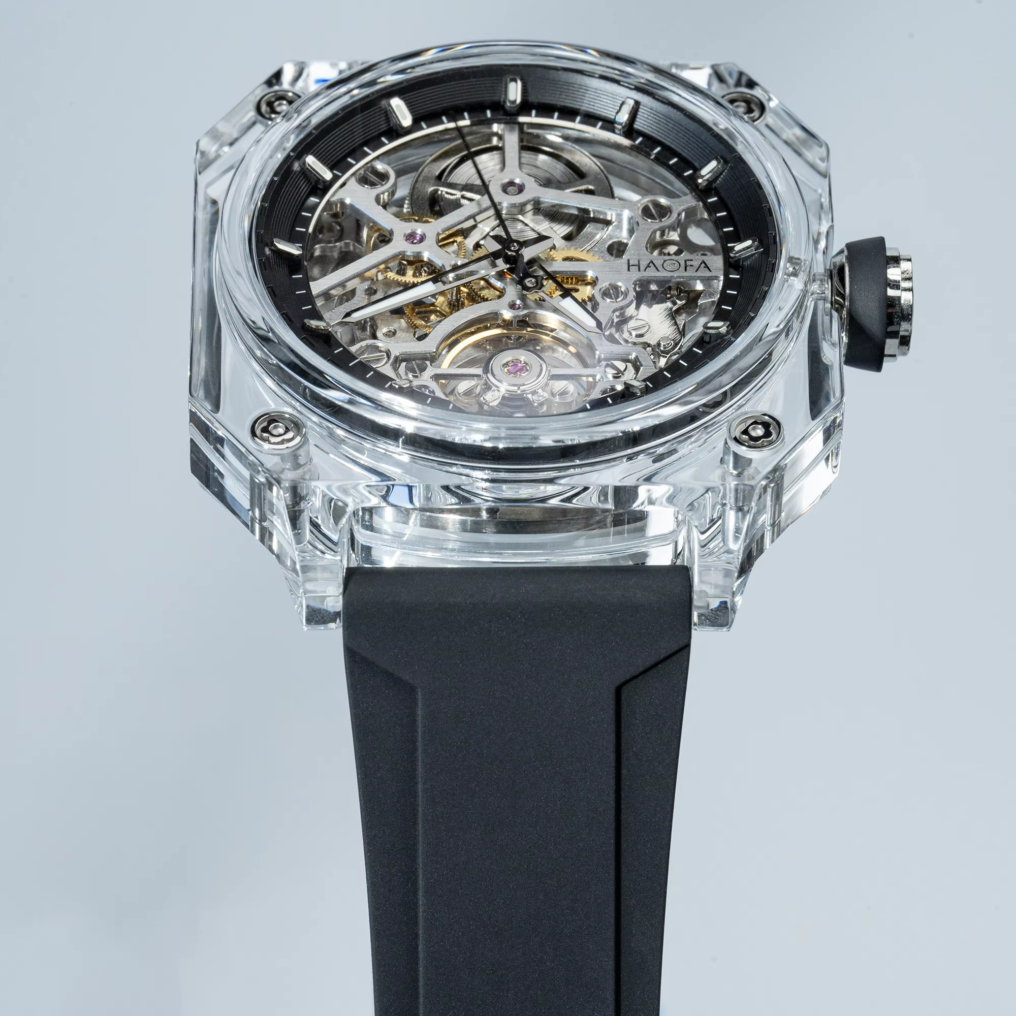 Haofa Crystal Automatic Watch for Men Luxury Transparent Hollowing Waterproof Luminous Mechanical Square Mens Watch Casual 2208