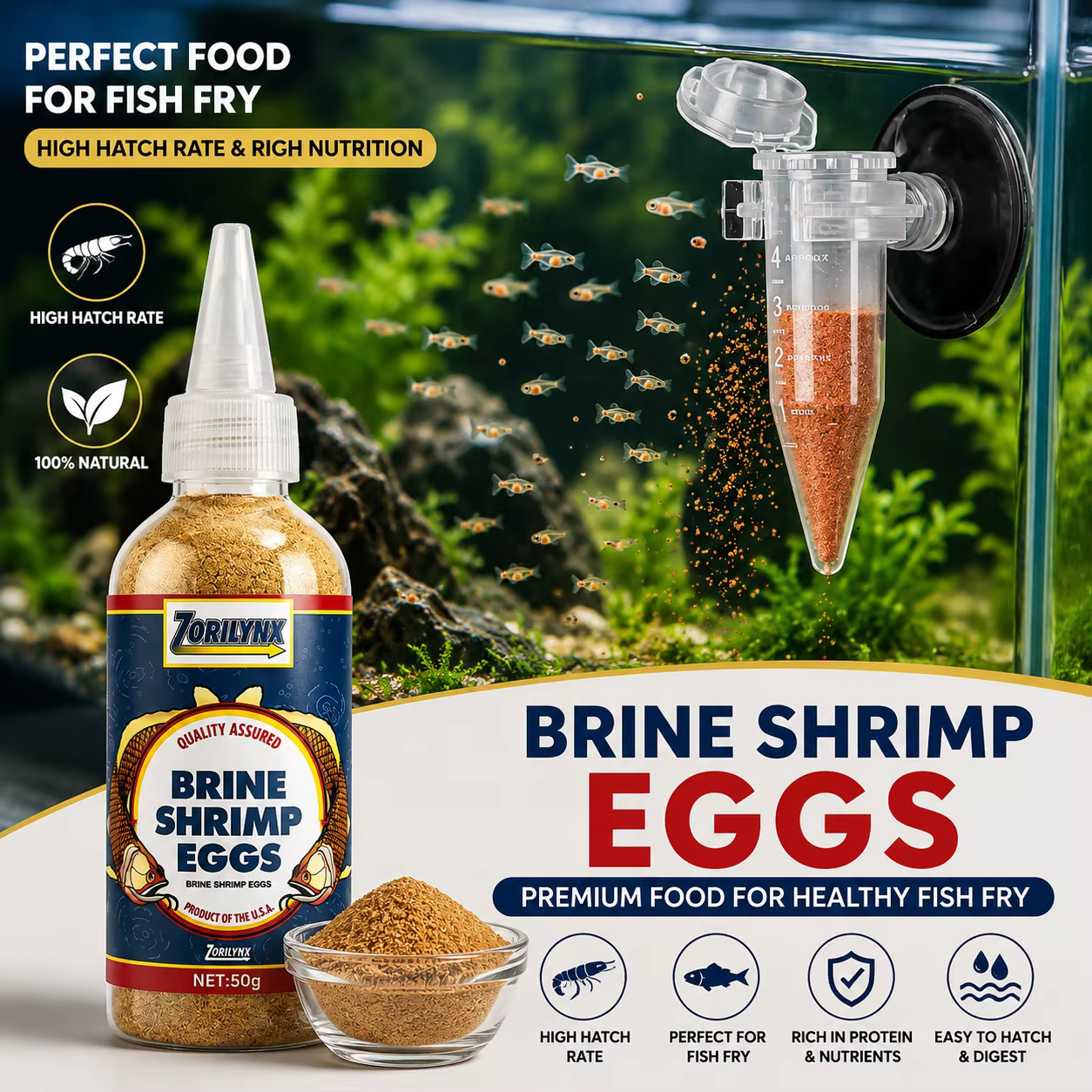 Œufs de crevettes décapsulés de qualité supérieure ZORILYNX 50g, sans éclosement nécessaire, alimentation directe, nourriture riche en protéines pour les alevins de poissons tropicaux