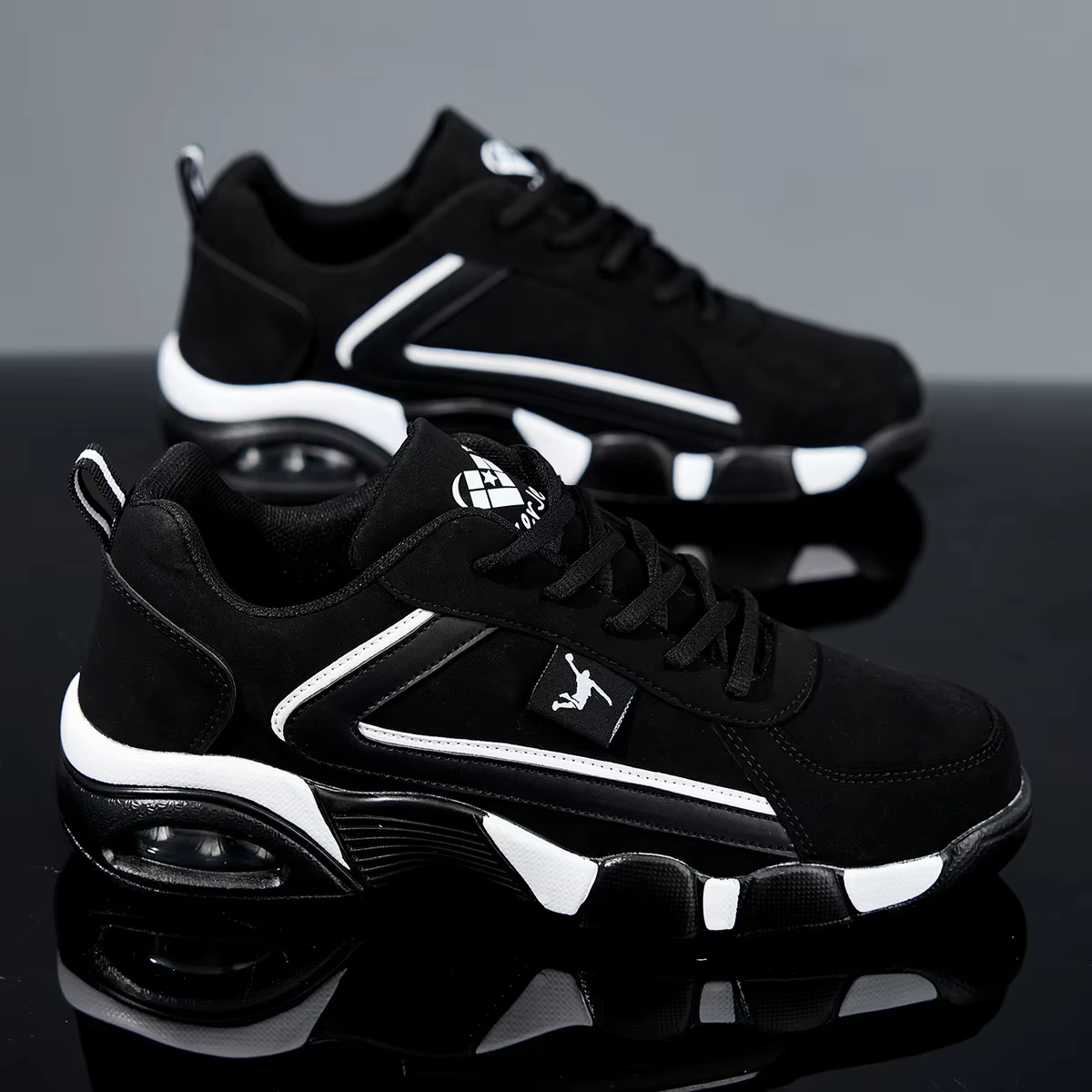 ZERJER Men's Air Cushion Casual Sports Shoes Breathable mesh & PU upper, geometric pattern design, lace-up closure, black and wh