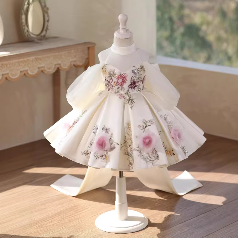 2026 Girls Fashion Floral Birthday Princess Dress Children Pageant Host Performance Gown Formal Party Kids Celebration Outfit