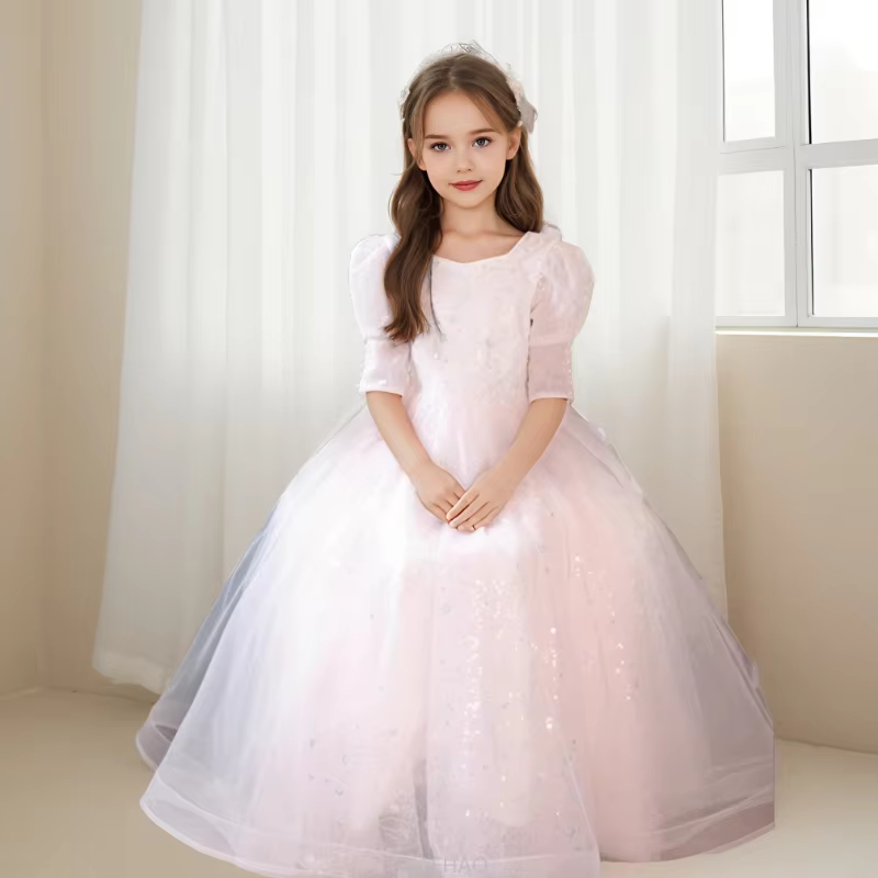 Wed Dress 2025 Pink Girls Pageant Dresses Vestido Children Wedding Flower Princess Gown Costumes School Host Piano Kids Outfits