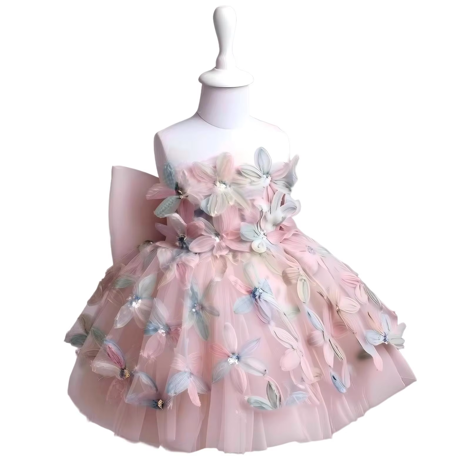 Kids Girls Princess Tulle Party Dress Elegant Wedding Birthday Dress Bow Flower Decor Pink Blue