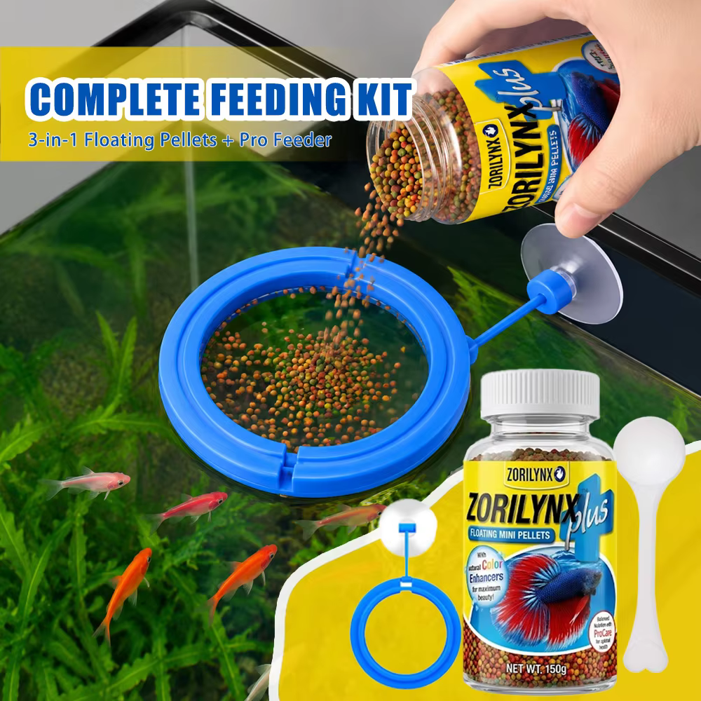 Pellets de Ração para Peixes com Kit de Anel Flutuante para Betta, Peixe Dourado e Peixes Tropicais, Conjunto de Realçador de Cor Nutriente ZORILYNX Plus