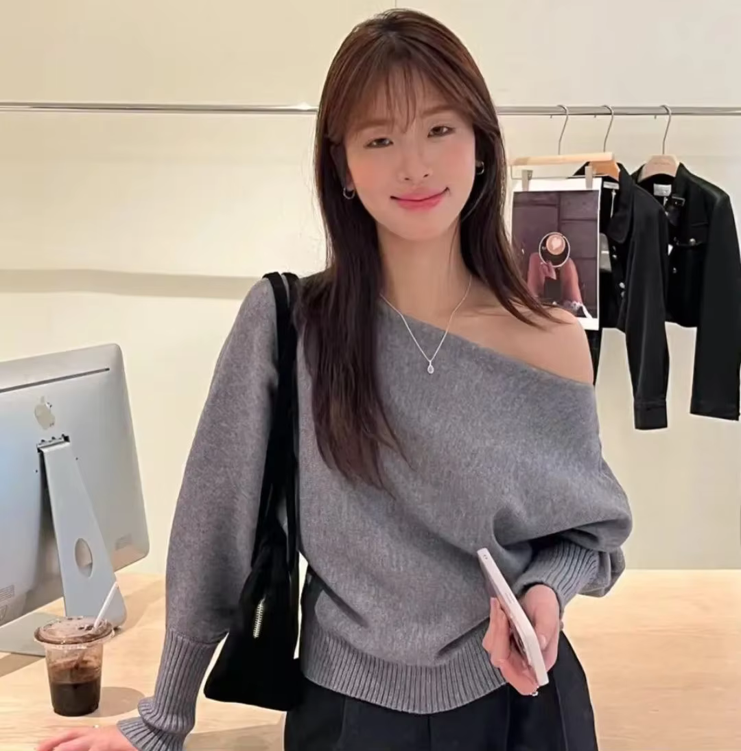 Chic Soft Off Shoulder Cozy Fleece Knit Sweater Women Korean Style Elegant Cable Long Sleeve Warm Pullover Winter Relaxed Tops