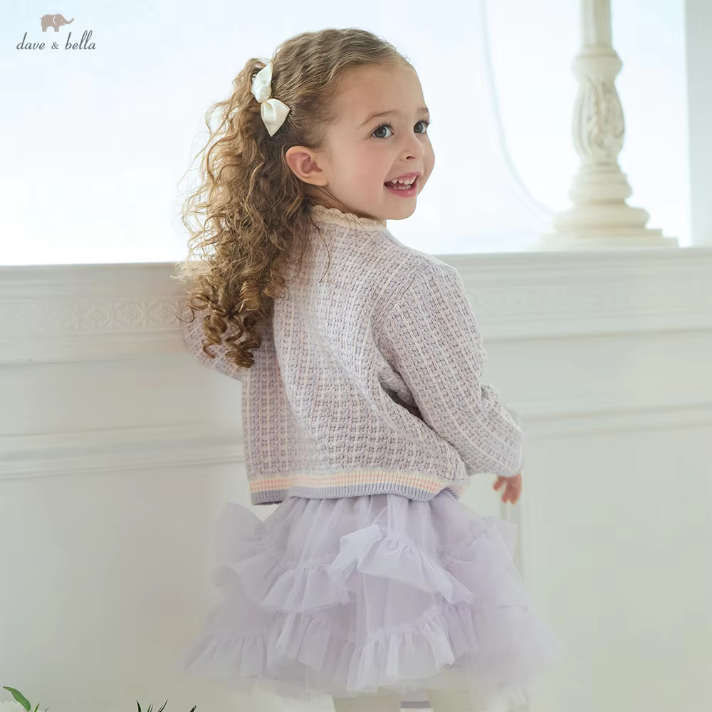 Dave Bella Children's Mesh Half Skirt Set Autumn Fashion Gentle Sweet Cute Girls Baby Purple Two piece Set Party DB3253538
