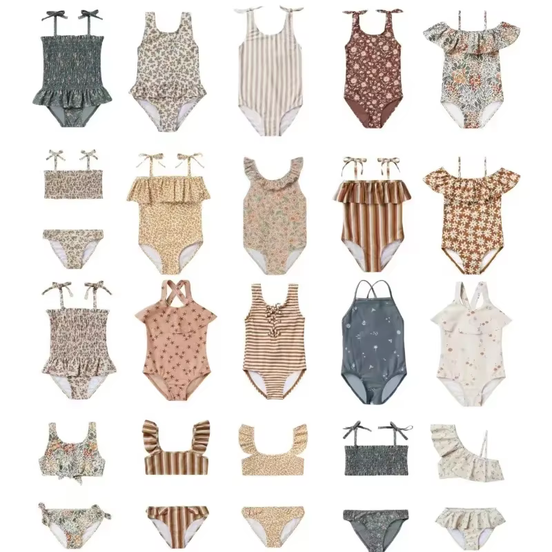 2025 Kids Summer Matching New Girls Beach Hot Spring Vacation Style Floral Striped Sling One-Piece Swimsuit Children's Clothing