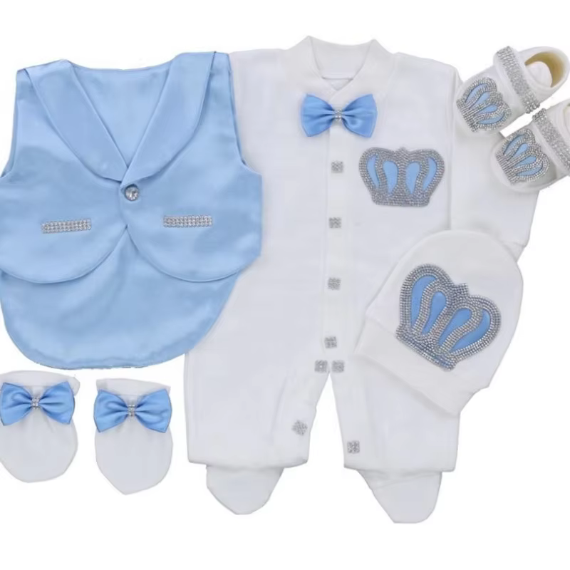 Satin Vest Bow Tie Rhinestone Crown Baby Footed Romper Newborn 0-9 Months 5Pcs White Light Blue Prince Royal Jumpsuit Gift