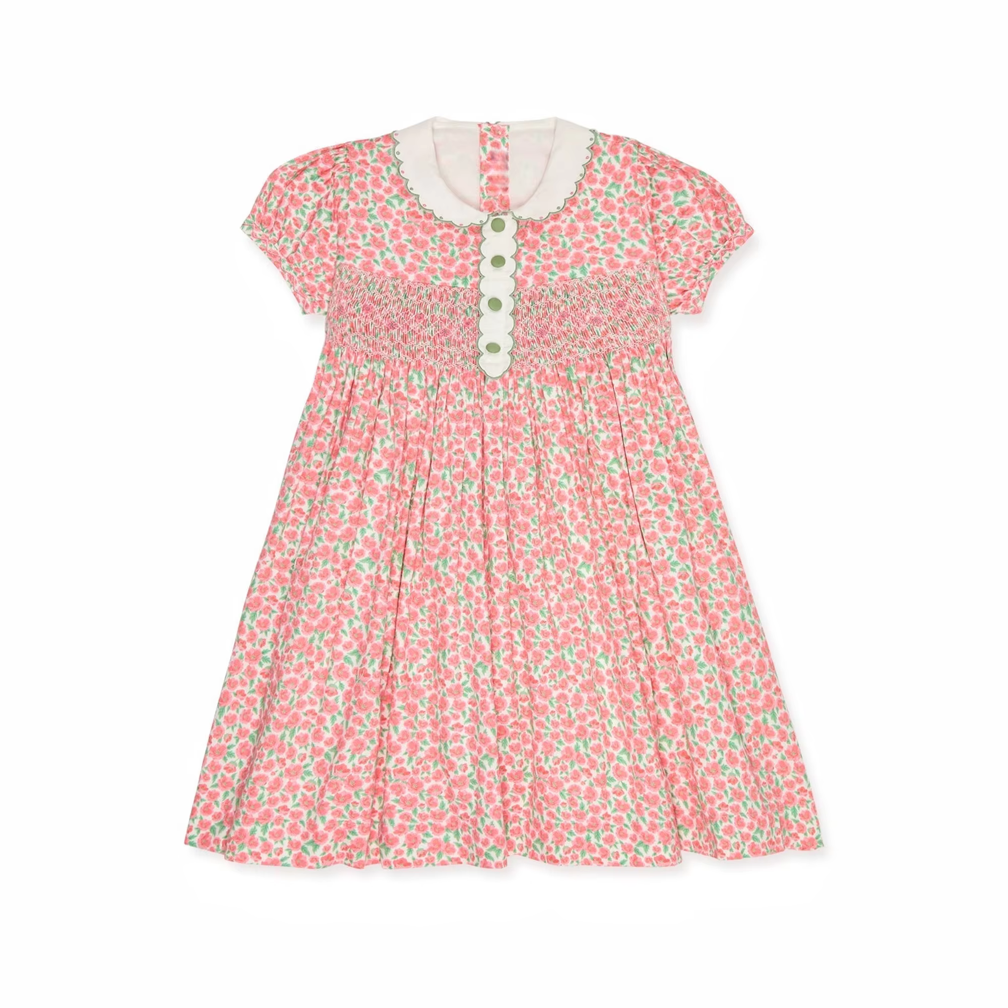 Vintage Style Red Floral Girl Embroider Smocked Children Girl Dress Summer Short Sleeves Boutique Clothing Dresses For Party