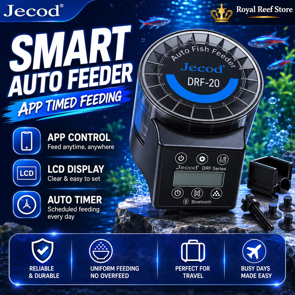 Distributeur automatique de nourriture pour poissons Jebao Jecod DRF, contrôle par application, nourrisseur automatique intelligent pour aquarium, minuterie LCD