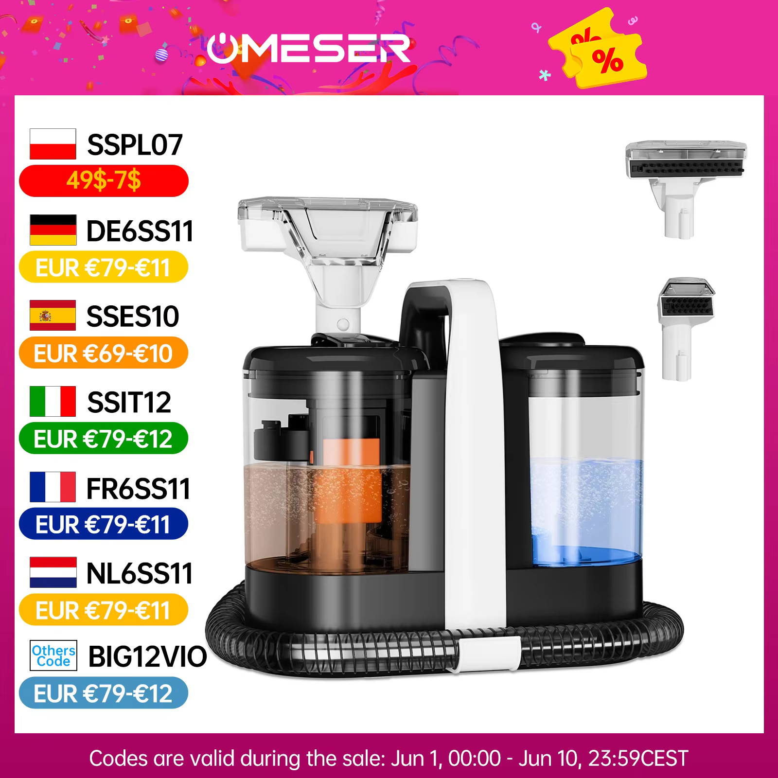 OMESER W07 15KPa Portable Carpet Cleaner Machine 600W Upholstery Cleaner Pet Special Stain Cleaner Powerful for Sofa Car Seat