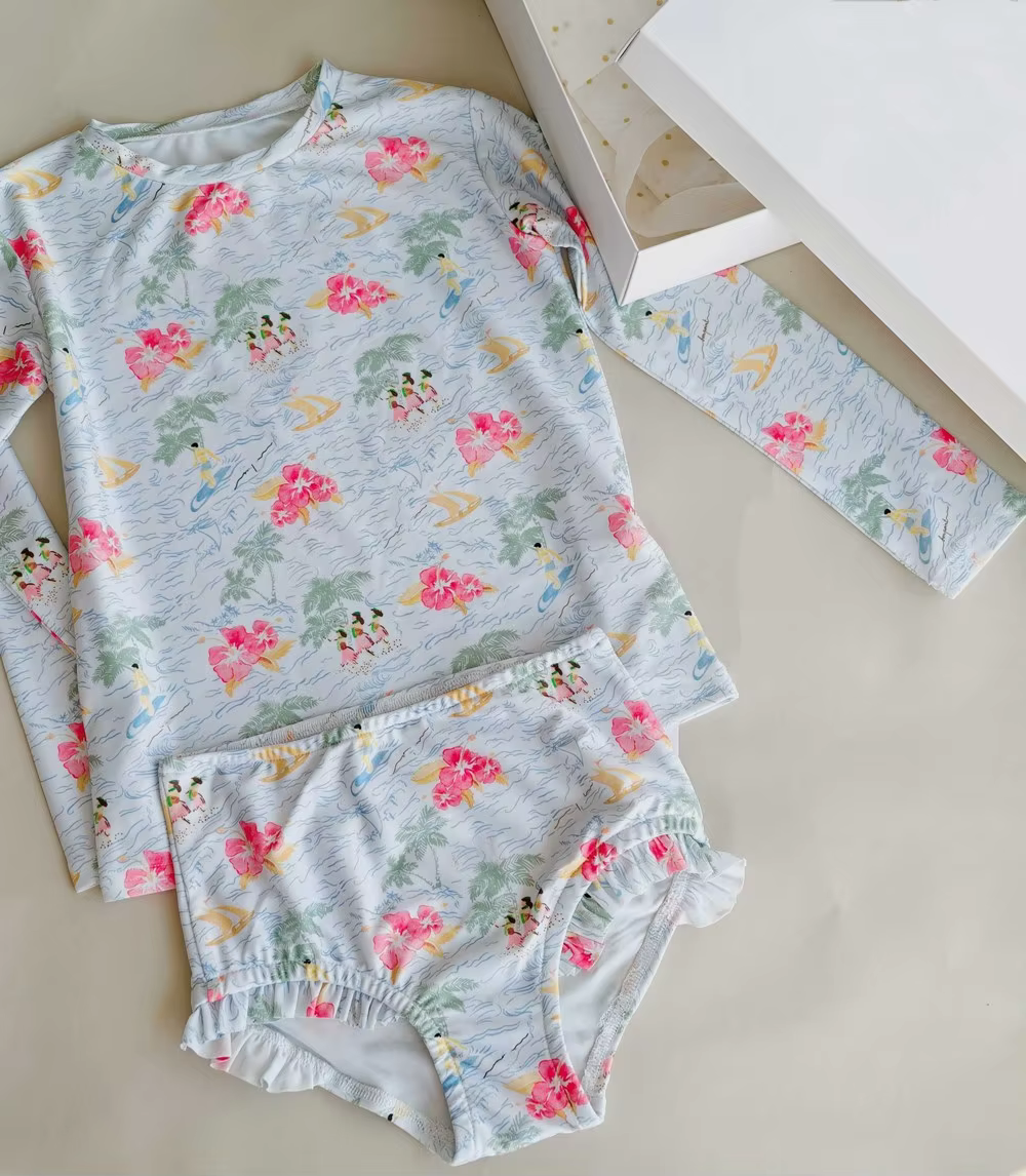4-12T girls swimwear swimming suit kids Island vacation pattern long sleeved swimsuit Girls' swimsuit set baby girl clothes